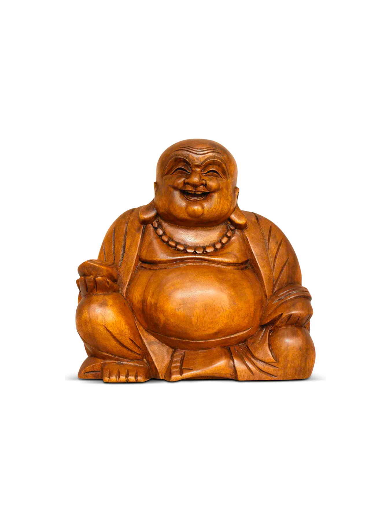 Wooden Laughing Happy Buddha Statue Hand Carved Smiling Sitting Sculpt