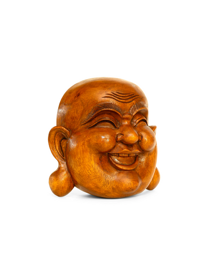Wooden Wall Mask Laughing Smiling Happy Buddha Head Statue Hand Carved Stand Alone Sculpture Handmade Figurine Decor Handcrafted Art Wall Hanging
