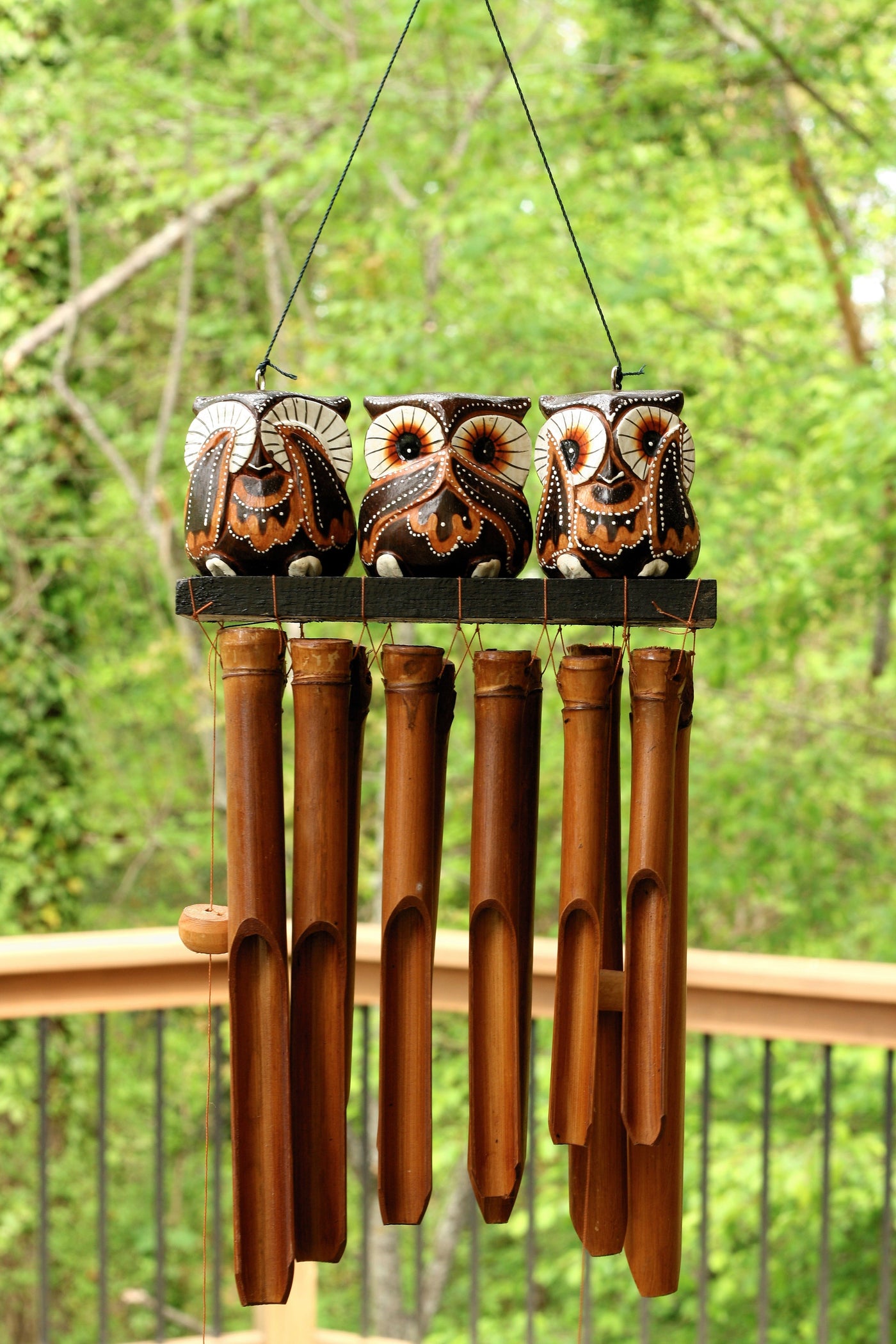 Handmade Wooden See Hear Speak No Evil Owl Bamboo Wind Chime Wood Statue Figurine Hoot Sculpture Patio Garden Outdoor Decor Handcrafted Decoration