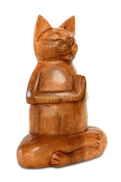 8" Wooden Handmade Hand Carved Yoga Fire Log Pose Cat Figurine Sculpture Statue Home Decor