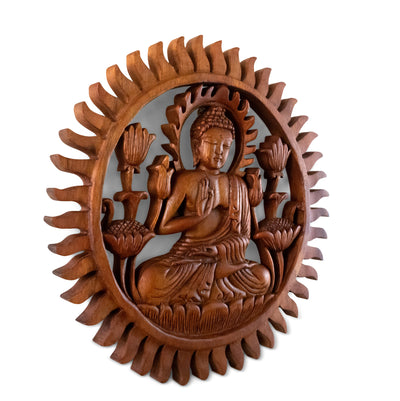 12" Wooden Hand Carved Wall Hanging Serene Buddha Meditation Sculpture Statue Handmade Figurine Panel Relief Gift Home Decor Handcrafted Plaque