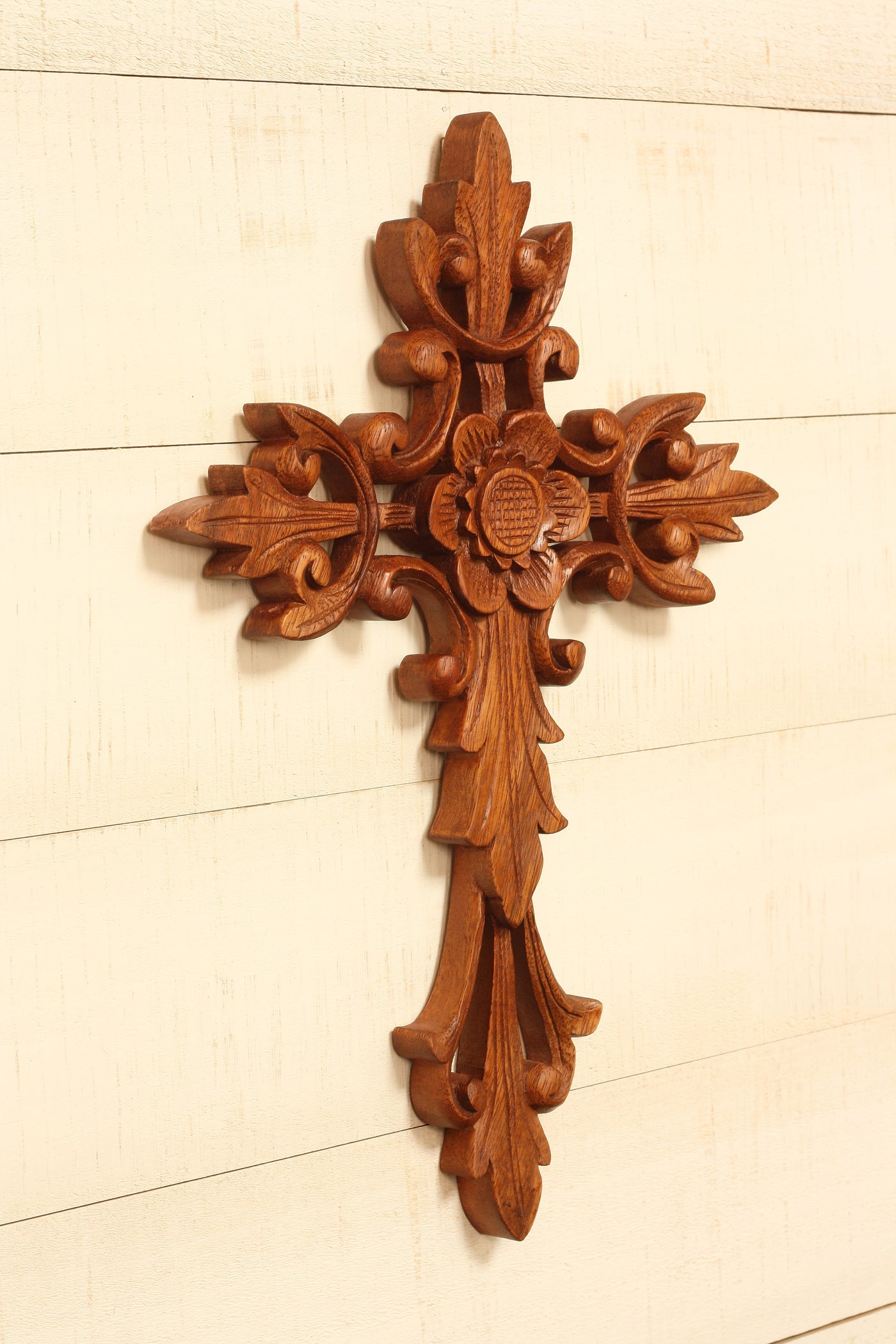 16" Wooden Hand Carved Flower Cross Wall Plaque Relief Panel Hanging Sculpture Handcrafted Gift Art Home Decor Accent Decoration Handmade