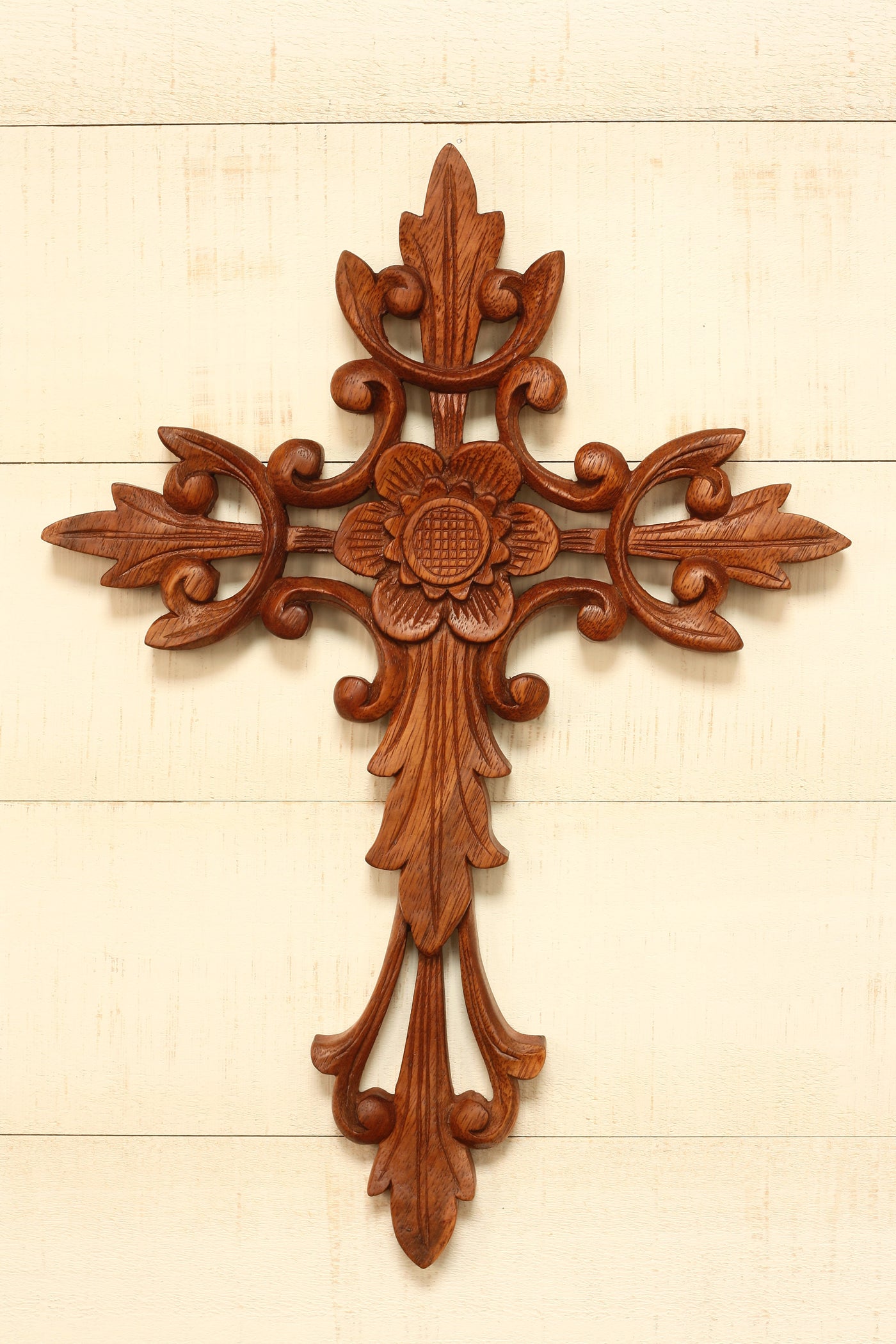 16" Wooden Hand Carved Flower Cross Wall Plaque Relief Panel Hanging Sculpture Handcrafted Gift Art Home Decor Accent Decoration Handmade