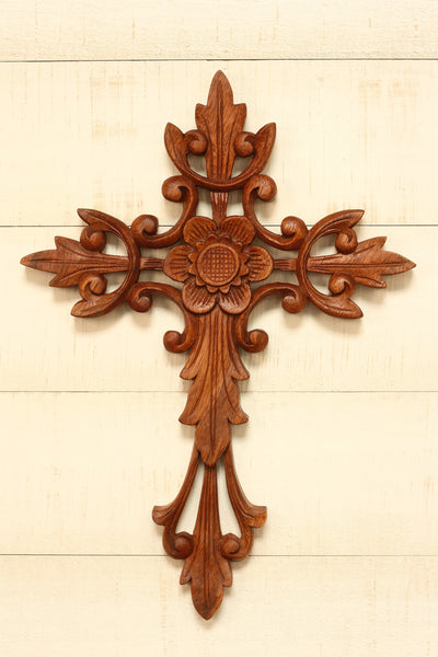16" Wooden Hand Carved Flower Cross Wall Plaque Relief Panel Hanging Sculpture Handcrafted Gift Art Home Decor Accent Decoration Handmade