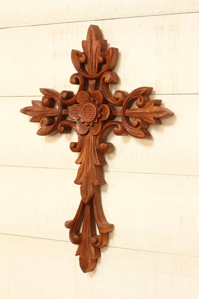 16" Wooden Hand Carved Flower Cross Wall Plaque Relief Panel Hanging Sculpture Handcrafted Gift Art Home Decor Accent Decoration Handmade