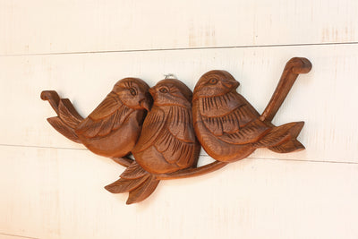 15" Wood Three Birds Wall Panel – Hand Carved Decorative Wall Art, Rustic Nature Home Decor