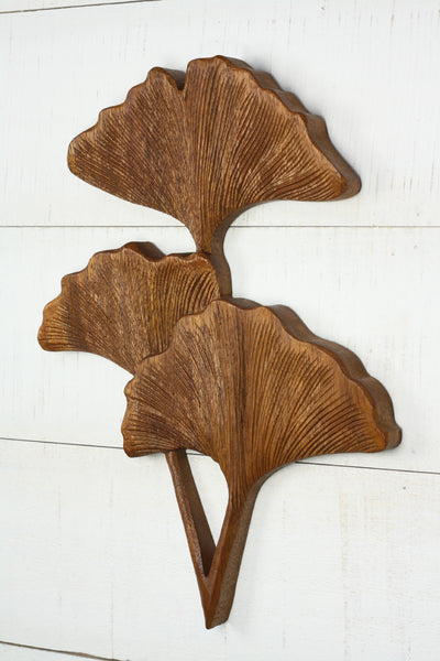 Hand Carved Wooden Ginkgo Leaves Wall Panel – Trio Botanical Wall Art, Nature-Inspired Rustic Decor