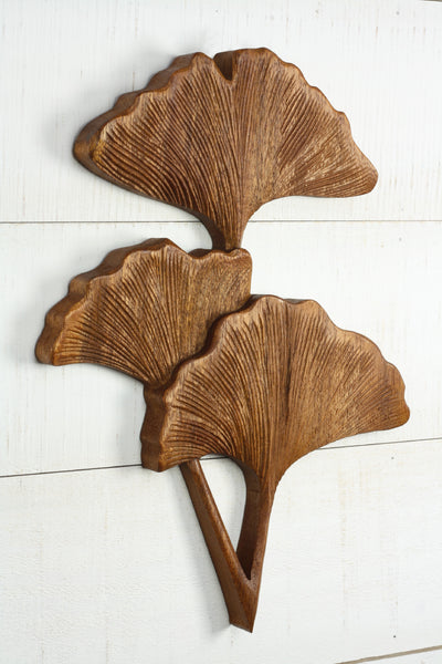 Hand Carved Wooden Ginkgo Leaves Wall Panel – Trio Botanical Wall Art, Nature-Inspired Rustic Decor