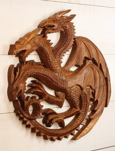 12" Three Headed Dragon Wooden Wall Art – Hand Carved Fantasy Sculpture, Rustic Mythical Home Decor