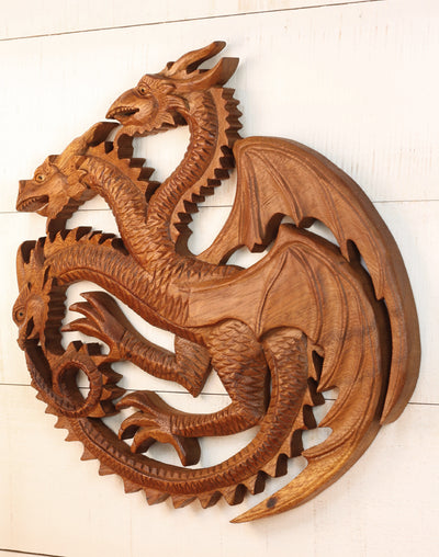 12" Three Headed Dragon Wooden Wall Art – Hand Carved Fantasy Sculpture, Rustic Mythical Home Decor