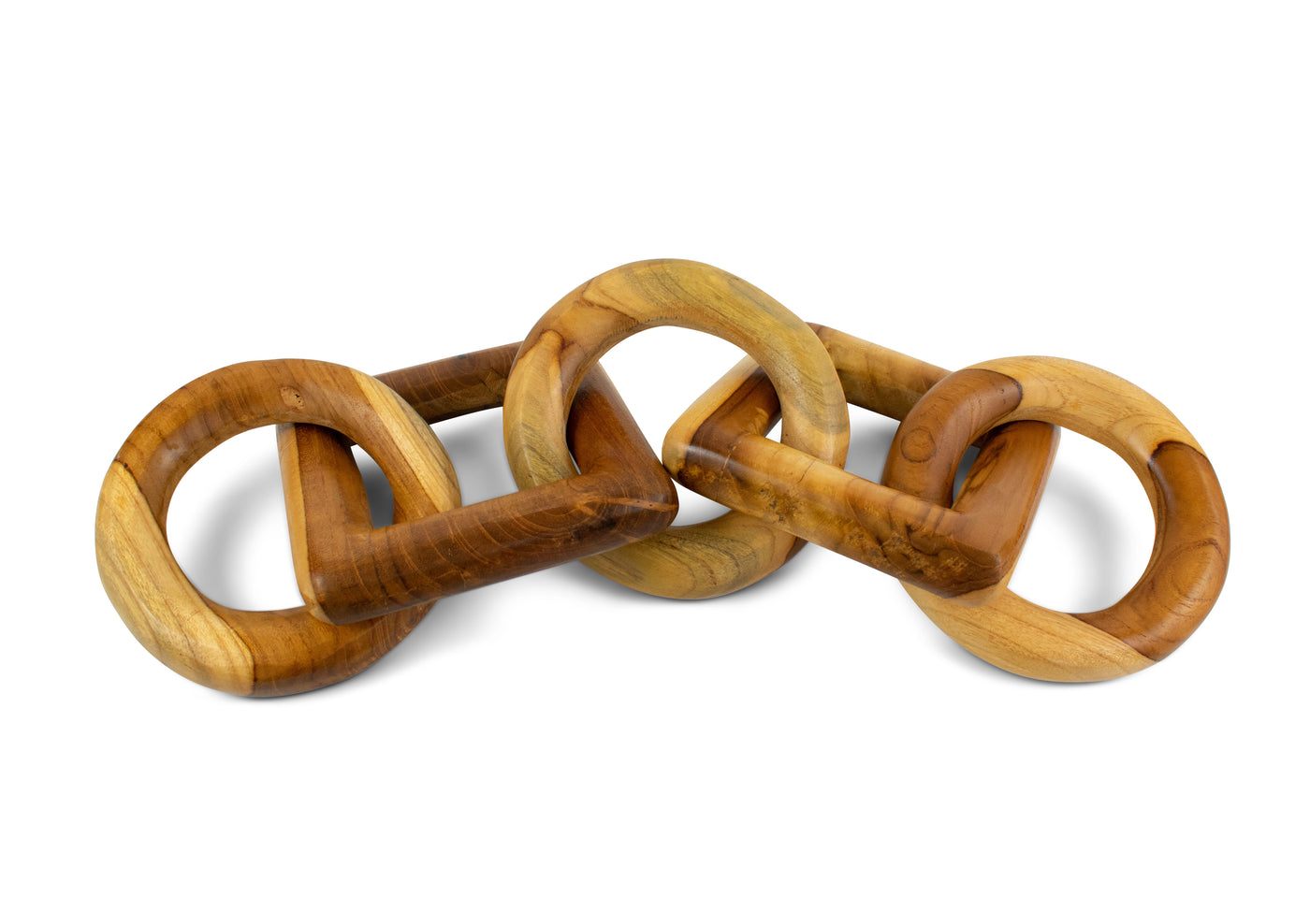 Hand carved wood chain sculpture with 3 round and 2 square interlocking links