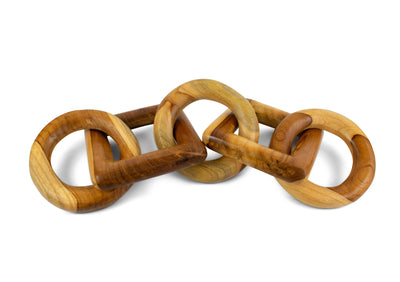 Hand carved wood chain sculpture with 3 round and 2 square interlocking links
