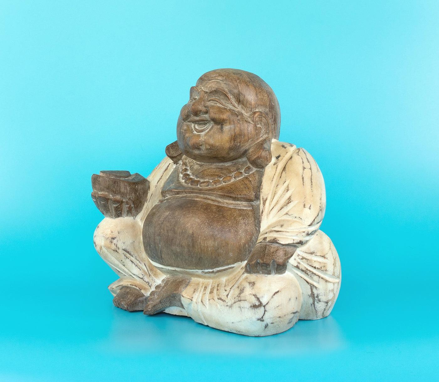 8" White Washed Wooden Laughing Happy Buddha Statue Hand Carved Smiling Sitting Sculpture Handmade Figurine Decorative Home Decor Handcrafted Art Decoration
