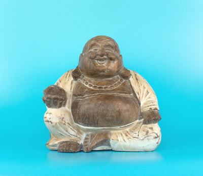 8" White Washed Wooden Laughing Happy Buddha Statue Hand Carved Smiling Sitting Sculpture Handmade Figurine