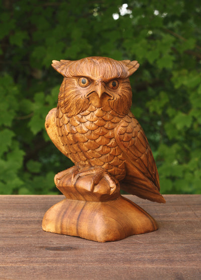 8" Wooden Handmade Owl Statue Handcrafted Figurine Art Home Decor Sculpture Wood Hand Carved Decorative Accent Decoration