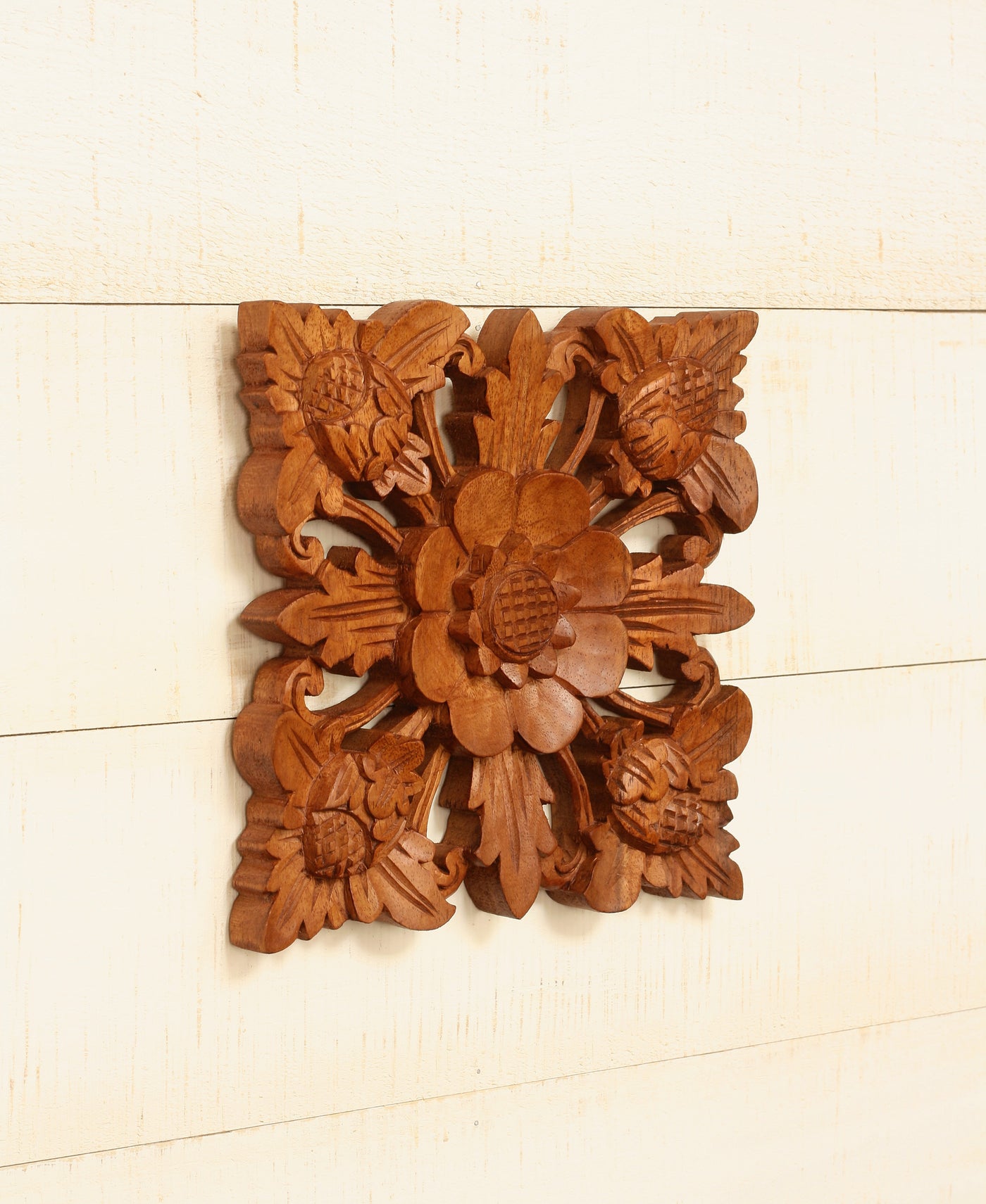 8" Wooden Hand Carved Wall Art Lotus Blossom Relief Panel Handcrafted Wall Plaque Gift Decorative Home Decor Accent Handmade Wood Decoration Florall