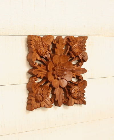 8" Wooden Hand Carved Wall Art Lotus Blossom Relief Panel Handcrafted Wall Plaque Gift Decorative Home Decor Accent Handmade Wood Decoration Florall