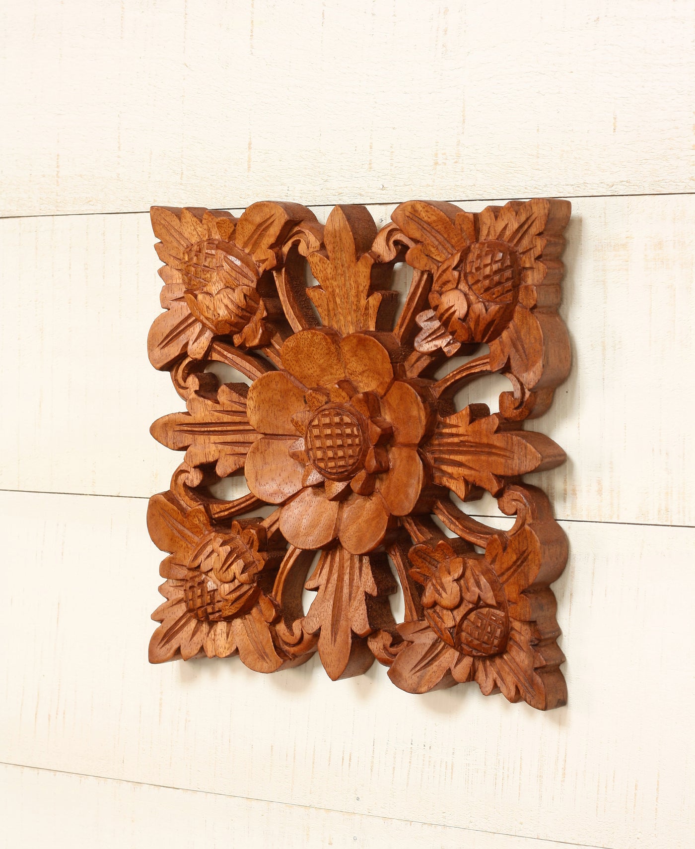 8" Wooden Hand Carved Wall Art Lotus Blossom Relief Panel Handcrafted Wall Plaque Gift Decorative Home Decor Accent Handmade Wood Decoration Florall