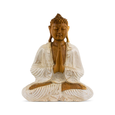Hand carved wood Buddha statue in Anjali Mudra with whitewashed finish