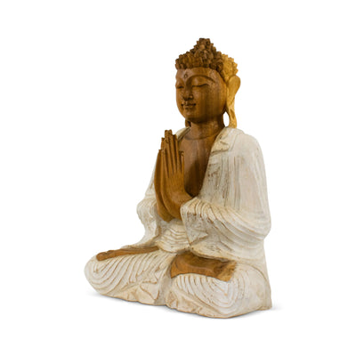 Wood Buddha Statue – Hand Carved Whitewashed Anjali Mudra Sculpture, Namaste Zen Decor