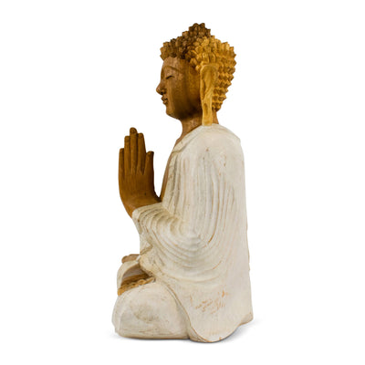 Wood Buddha Statue – Hand Carved Whitewashed Anjali Mudra Sculpture, Namaste Zen Decor