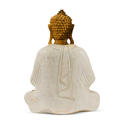 Wood Buddha Statue – Hand Carved Whitewashed Anjali Mudra Sculpture, Namaste Zen Decor