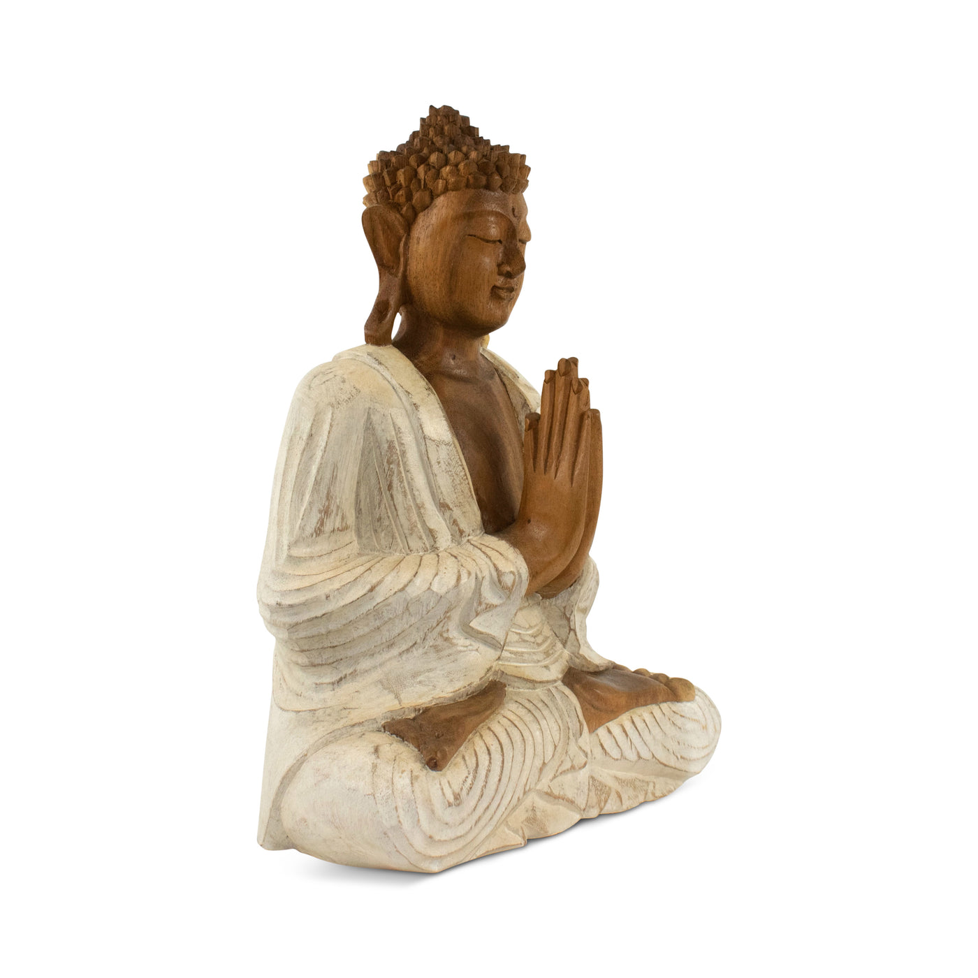 Wood Buddha Statue – Hand Carved Whitewashed Anjali Mudra Sculpture, Namaste Zen Decor