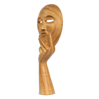 16" Wooden Hand Carved Abstract Thinker Mask Stand Alone Statue or Wall Hanging Sculpture Decor Handmade Home Accent Handcrafted Thinking Figurine Art