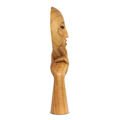16" Wooden Hand Carved Abstract Thinker Mask Stand Alone Statue or Wall Hanging Sculpture Decor Handmade Home Accent Handcrafted Thinking Figurine Art