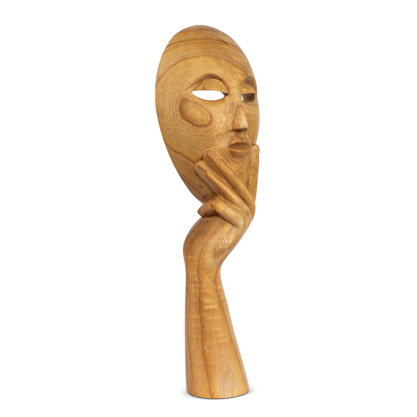 16" Wooden Hand Carved Abstract Thinker Mask Stand Alone Statue or Wall Hanging Sculpture Decor Handmade Home Accent Handcrafted Thinking Figurine Art