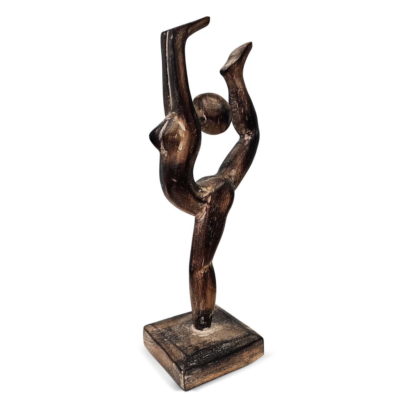 Black sculpture of a dancer on a white background