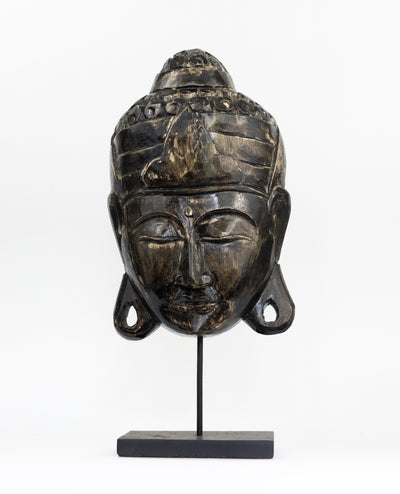 Wooden Handmade Buddha Head Mask with Stand Statue Wood Bust Sculpture Figurine Altar Decor Gift Hand Carved Modern Contemporary Zen Oriental Buddha Plaque Black