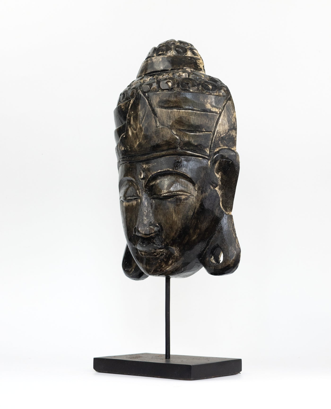 17" Wooden Black Buddha Head Mask with Stand Statue Hand Carved Sculpture Handmade Figurine Gift Home Decor Accent Handcrafted Decoration