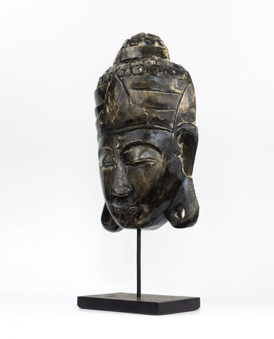 17" Wooden Black Buddha Head Mask with Stand Statue Hand Carved Sculpture Handmade Figurine Gift Home Decor Accent Handcrafted Decoration