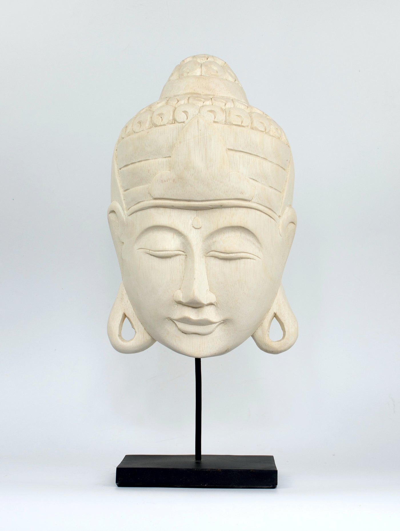 17" Wooden White Buddha Head Mask with Stand Statue Hand Carved Sculpture Handmade Figurine