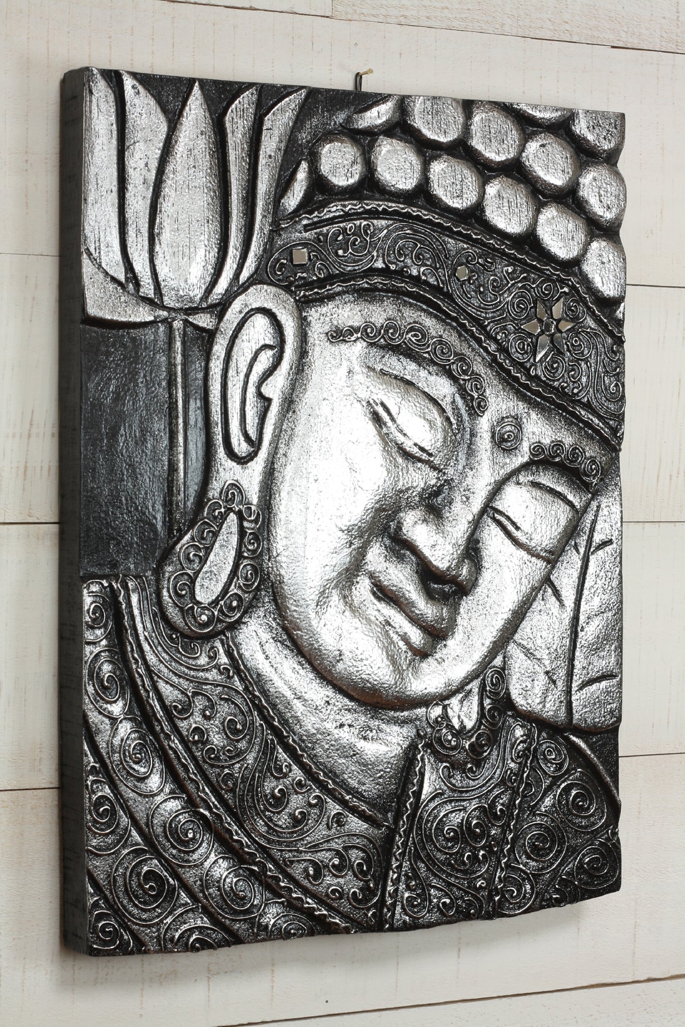 16" Silver Buddha Wall Panel – Hand Carved Decorative Wood Relief, Zen Spiritual Wall Art