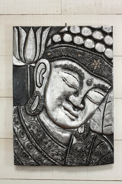 Hand carved silver Buddha wall panel with floral and swirl detailing