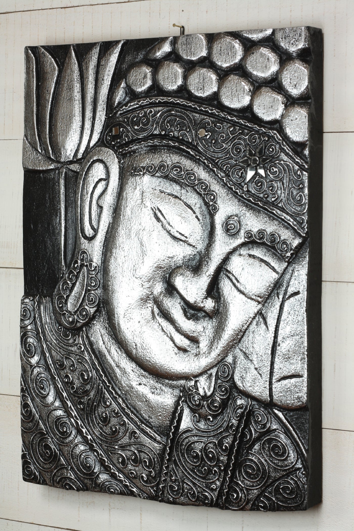 16" Silver Buddha Wall Panel – Hand Carved Decorative Wood Relief, Zen Spiritual Wall Art