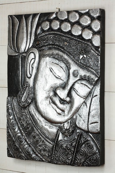 16" Silver Buddha Wall Panel – Hand Carved Decorative Wood Relief, Zen Spiritual Wall Art