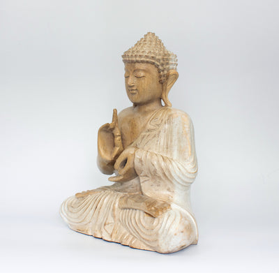 12" Wooden White Washed Serene Sitting Buddha "Vitarka Mudra" Statue Handmade Meditating Sculpture Figurine Home Decor Accent Handcrafted Art Modern Oriental Decor