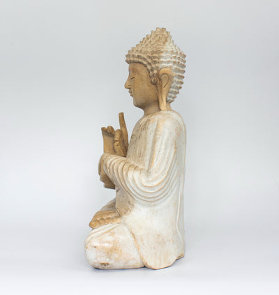 12" Wooden White Washed Serene Sitting Buddha "Vitarka Mudra" Statue Handmade Meditating Sculpture Figurine Home Decor Accent Handcrafted Art Modern Oriental Decor