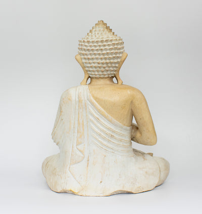 12" Wooden White Washed Serene Sitting Buddha "Vitarka Mudra" Statue Handmade Meditating Sculpture Figurine Home Decor Accent Handcrafted Art Modern Oriental Decor