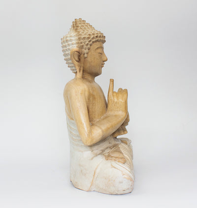 12" Wooden White Washed Serene Sitting Buddha "Vitarka Mudra" Statue Handmade Meditating Sculpture Figurine Home Decor Accent Handcrafted Art Modern Oriental Decor