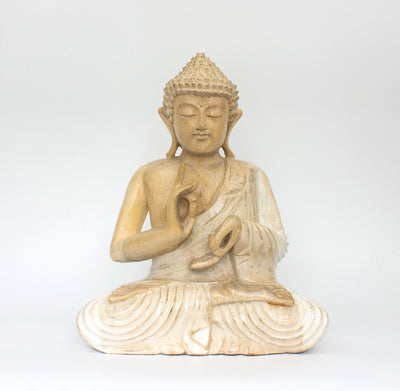 12" Wooden White Washed Serene Sitting Buddha "Vitarka Mudra" Statue Handmade Meditating Sculpture Figurine
