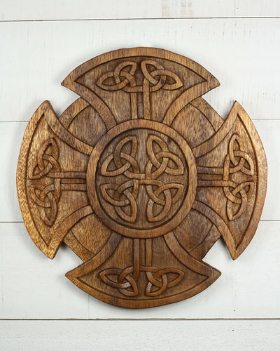 Hand carved wooden Celtic cross wall panel with detailed knot patterns