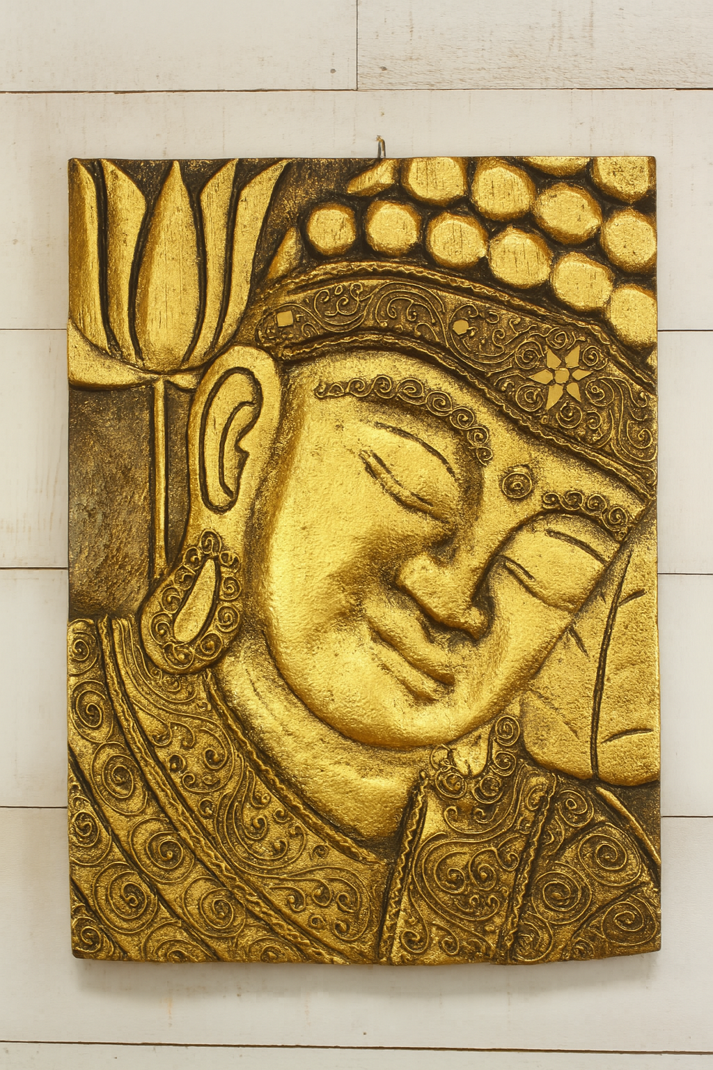 16" Gold Buddha Wall Panel – Hand Carved Decorative Wood Relief, Zen Spiritual Wall Art
