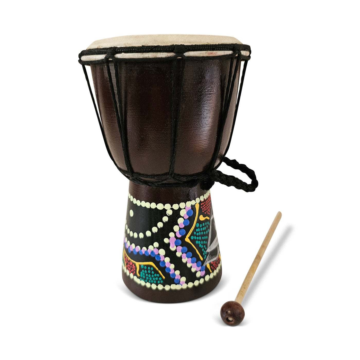 8 inch hand carved wooden djembe drum with traditional rope tuning and painted artwork