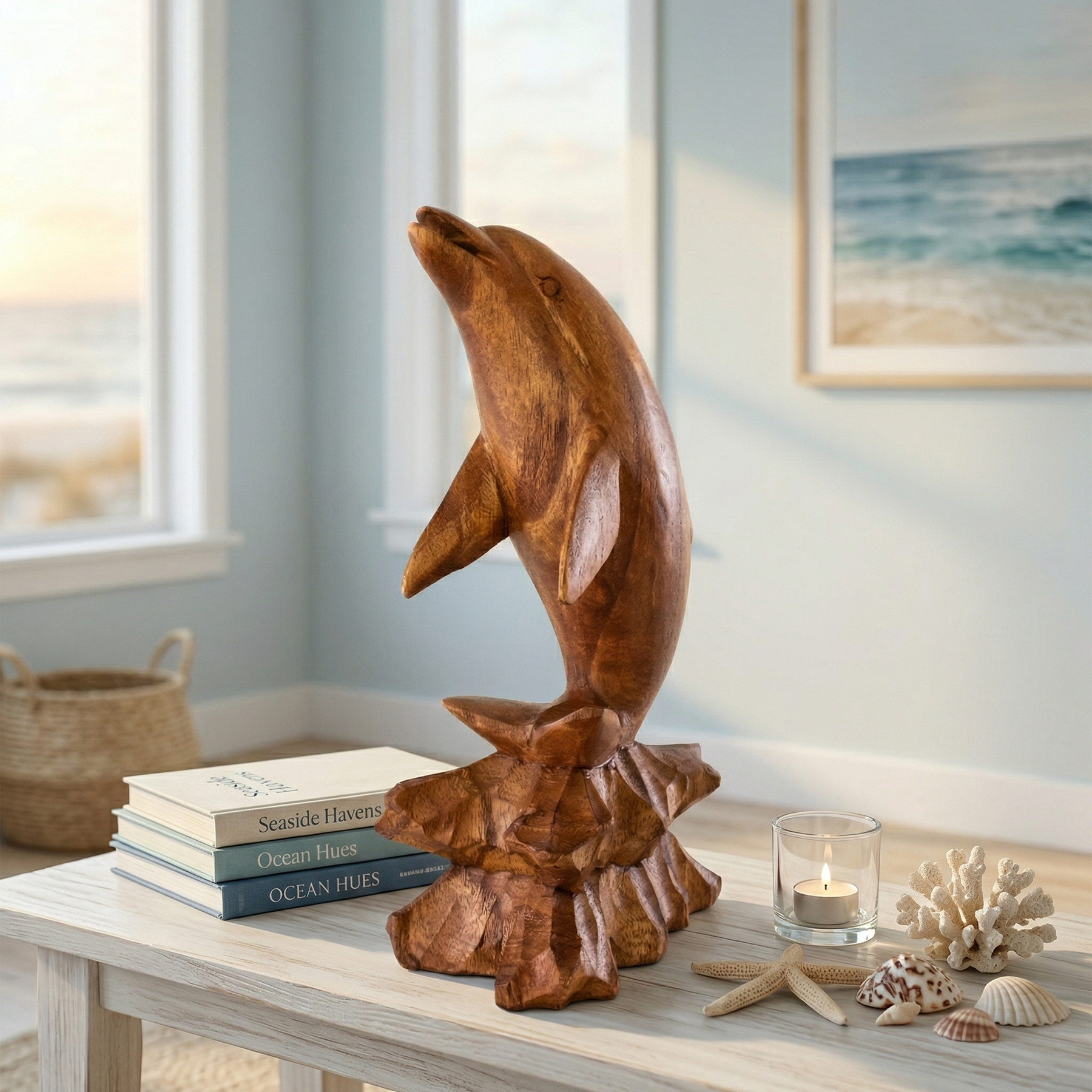 Dolphin Collection Wooden Hand Carved Dolphin on Coral Statue Sculpture Wood Decorative D