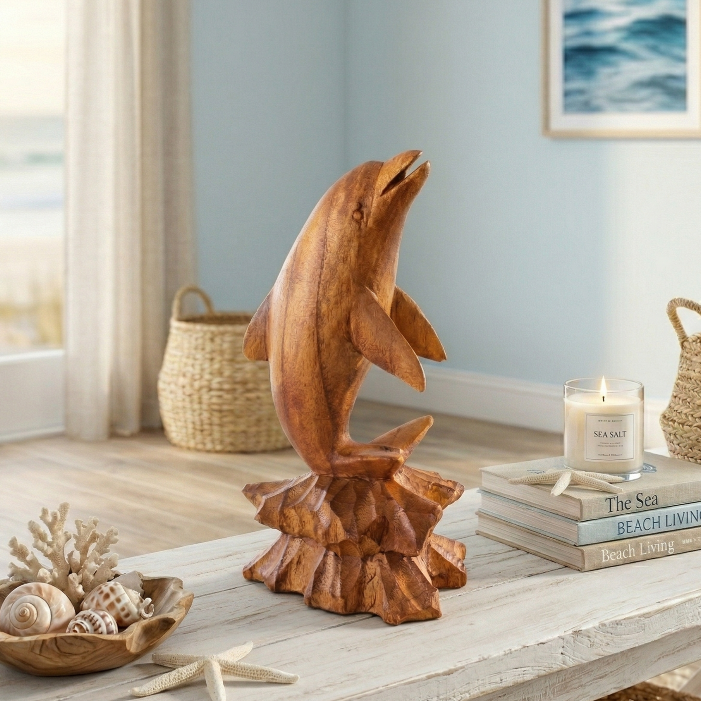 Wooden Hand Carved Dolphin on Coral Statue Sculpture Wood Decorative D
