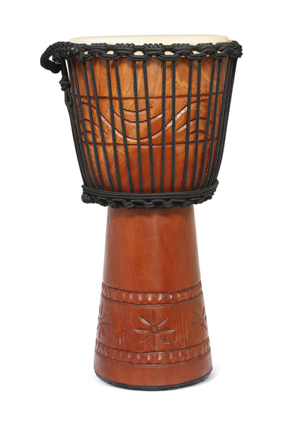 Brown drum with decorative patterns on a white background